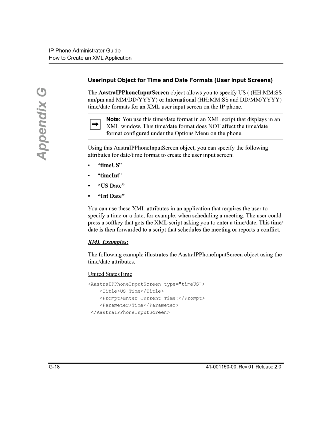 Aastra Telecom 57I C53I manual TimeUS TimeInt US Date Int Date, XML Examples 