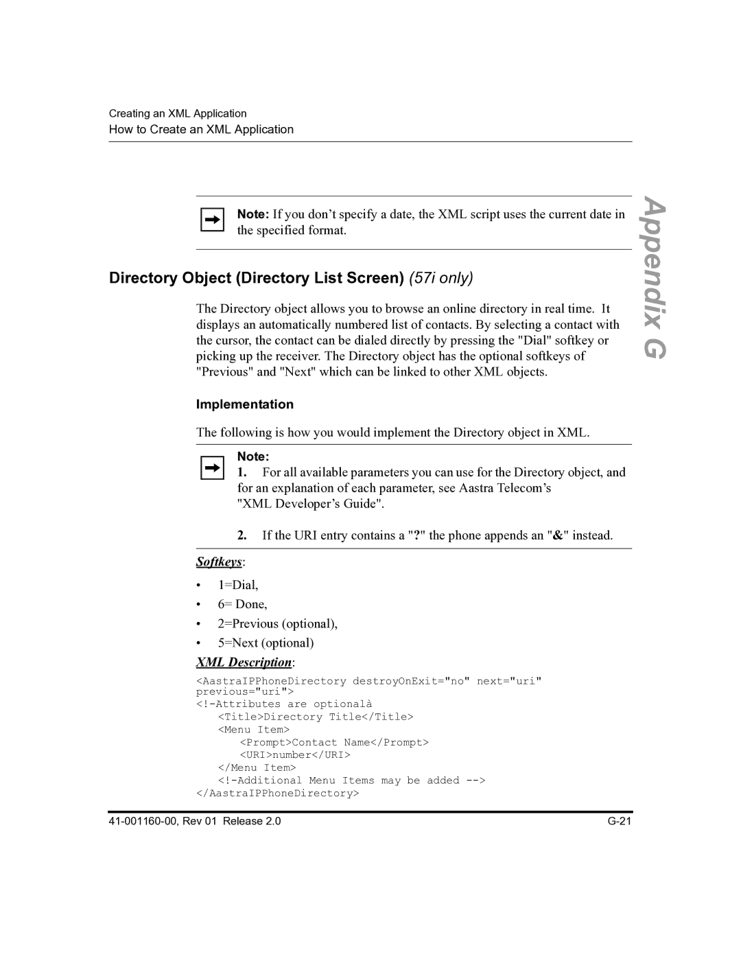 Aastra Telecom 57I C53I manual Directory Object Directory List Screen 57i only, Implementation 