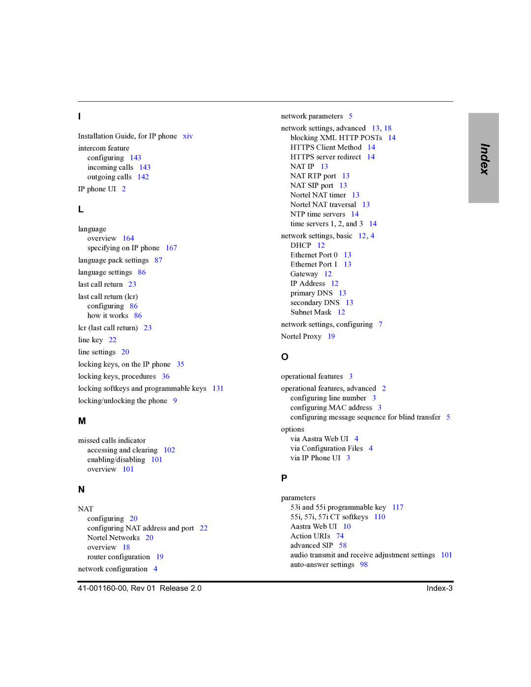 Aastra Telecom 57I C53I manual 41-001160-00, Rev 01 Release Index-3 
