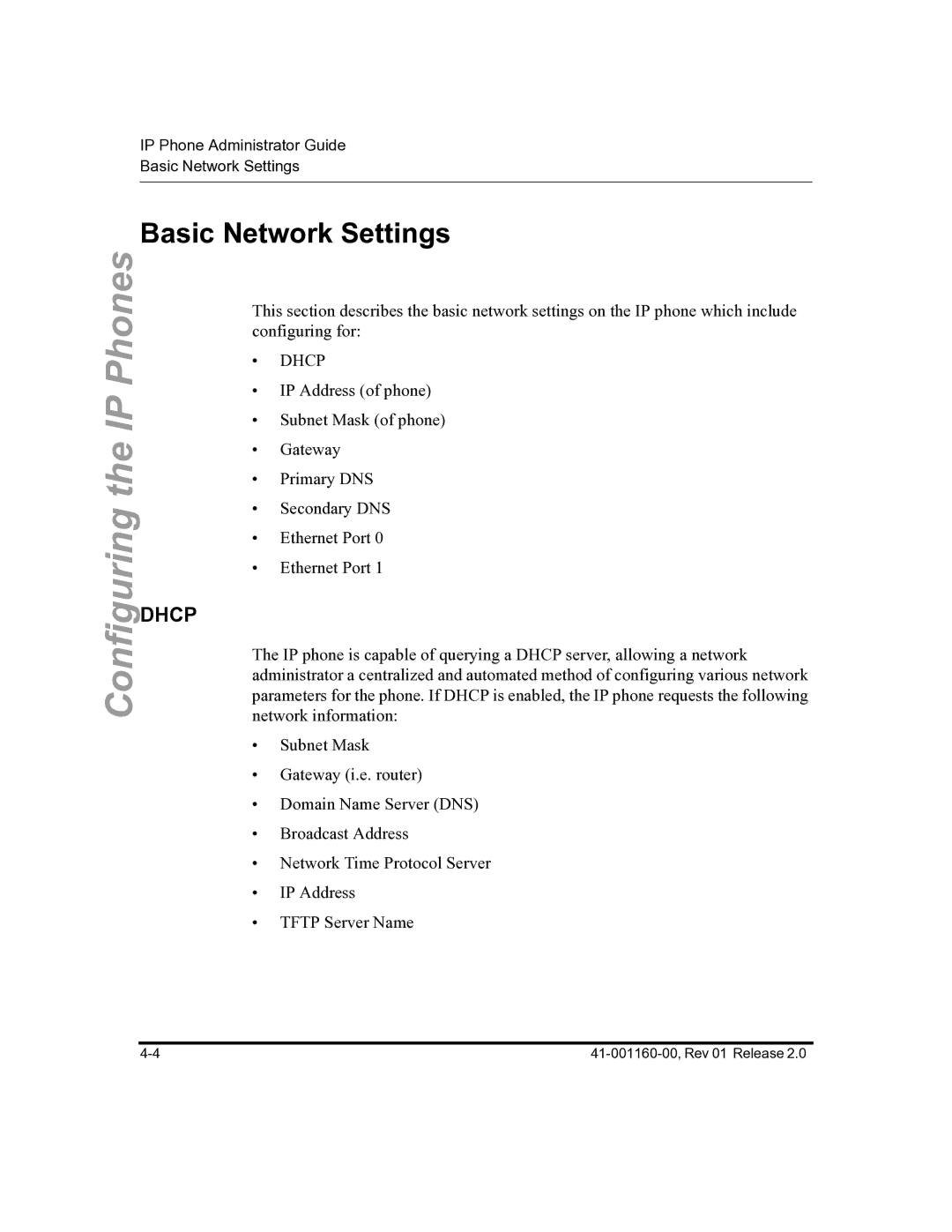 Aastra Telecom 57I C53I manual Basic Network Settings, Dhcp 