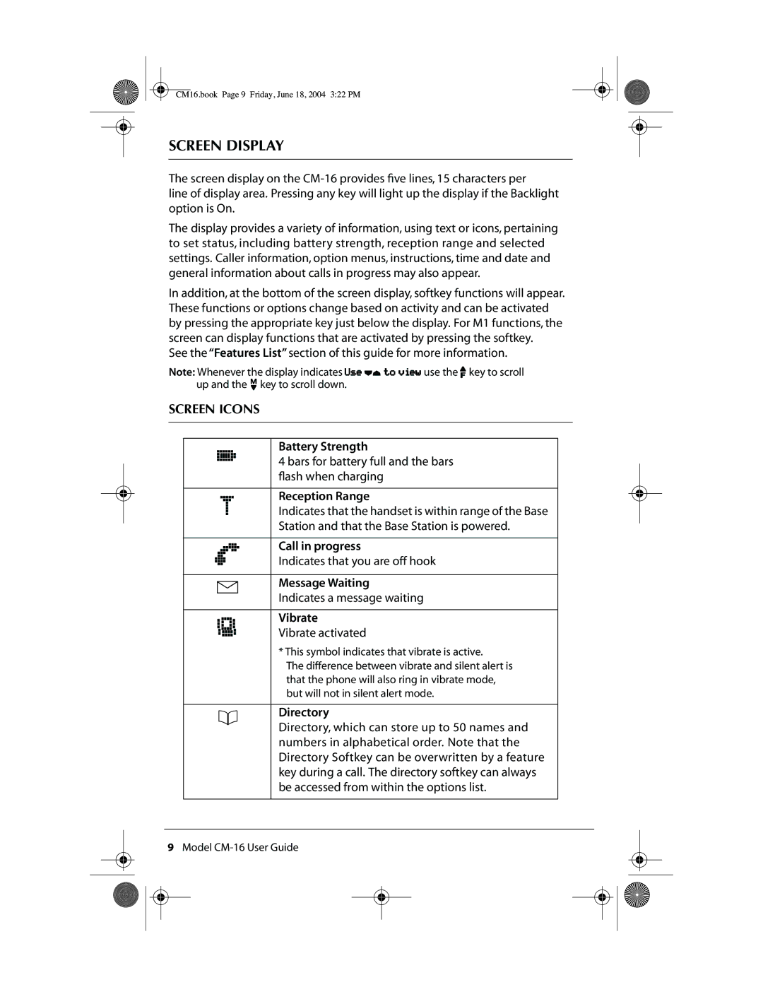 Aastra Telecom CM-16 manual Screen Display, Screen Icons 