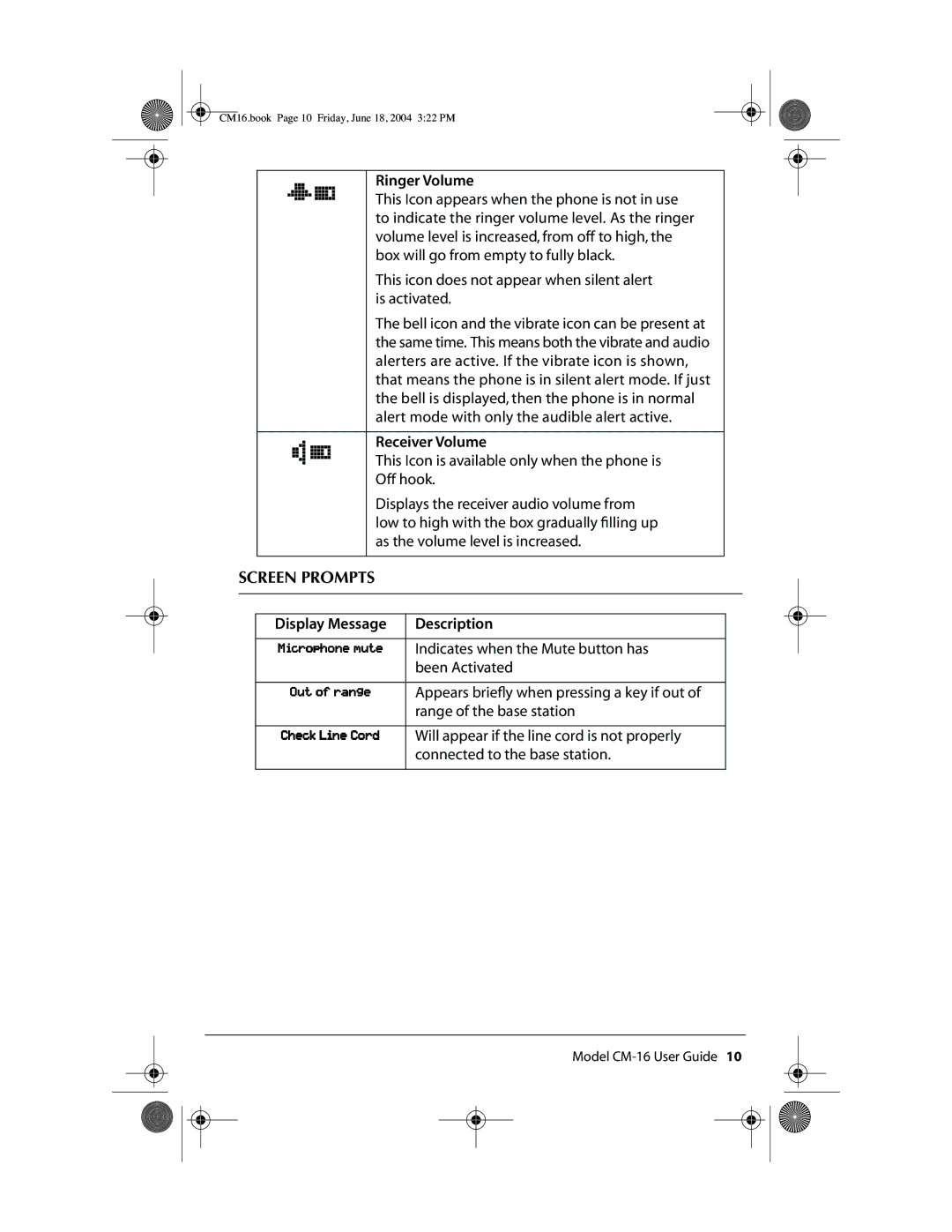 Aastra Telecom CM-16 manual Screen Prompts 