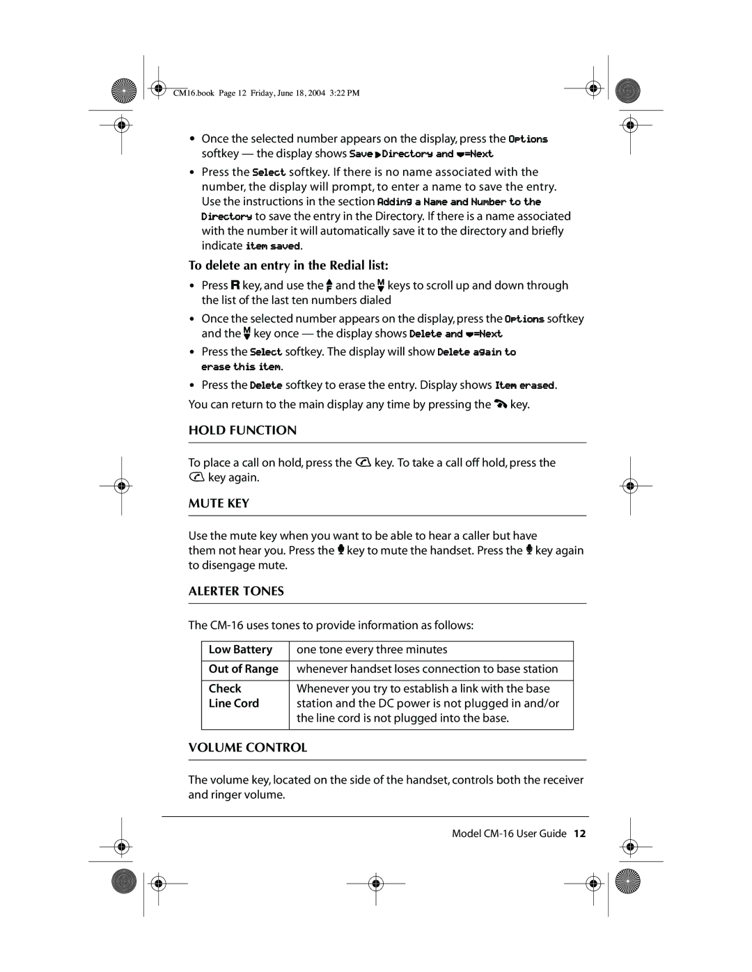 Aastra Telecom CM-16 manual To delete an entry in the Redial list, Hold Function, Mute KEY, Alerter Tones, Volume Control 