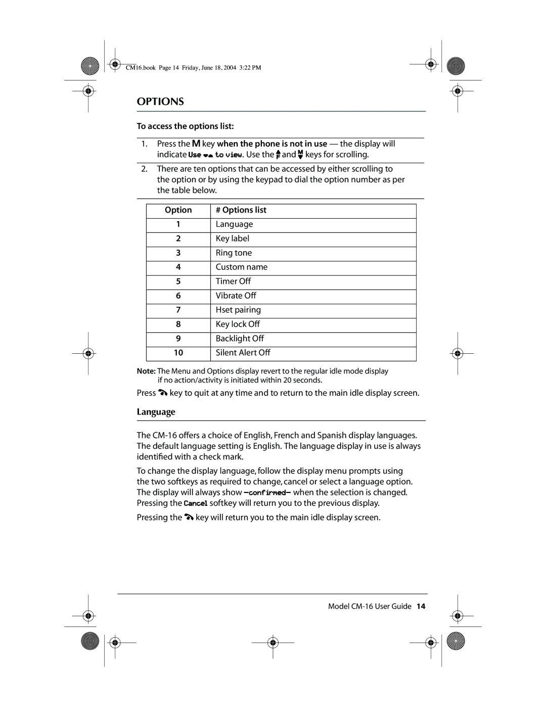 Aastra Telecom CM-16 manual Options, Language 