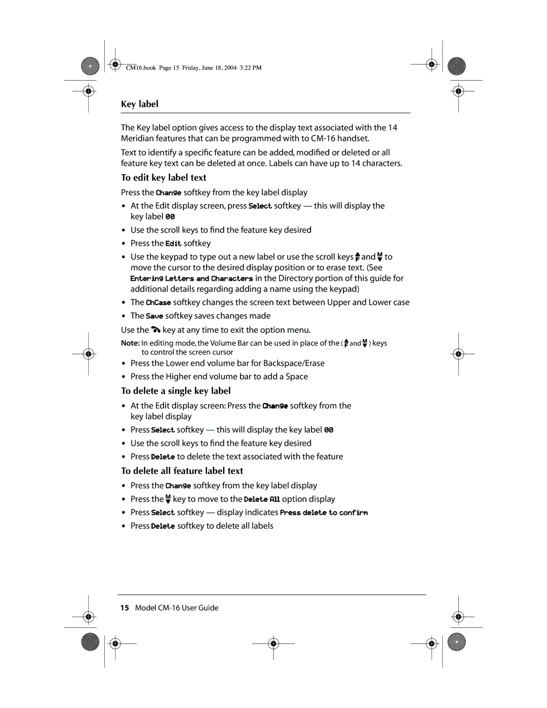 Aastra Telecom CM-16 Key label, To edit key label text, To delete a single key label, To delete all feature label text 