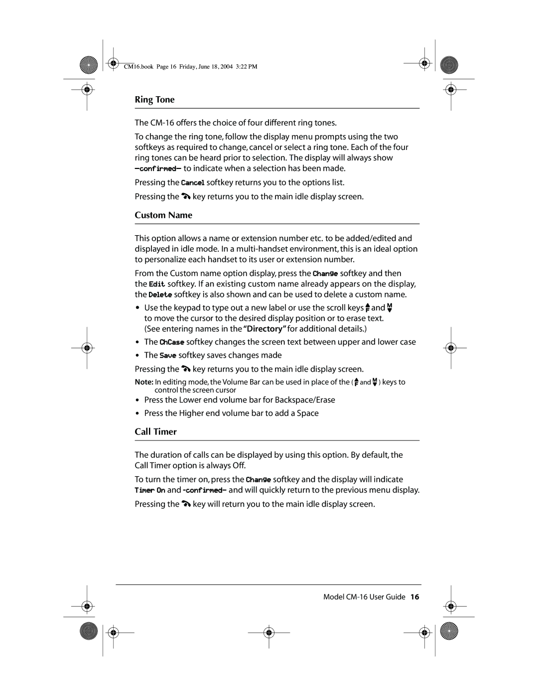 Aastra Telecom CM-16 manual Ring Tone, Custom Name, Call Timer 