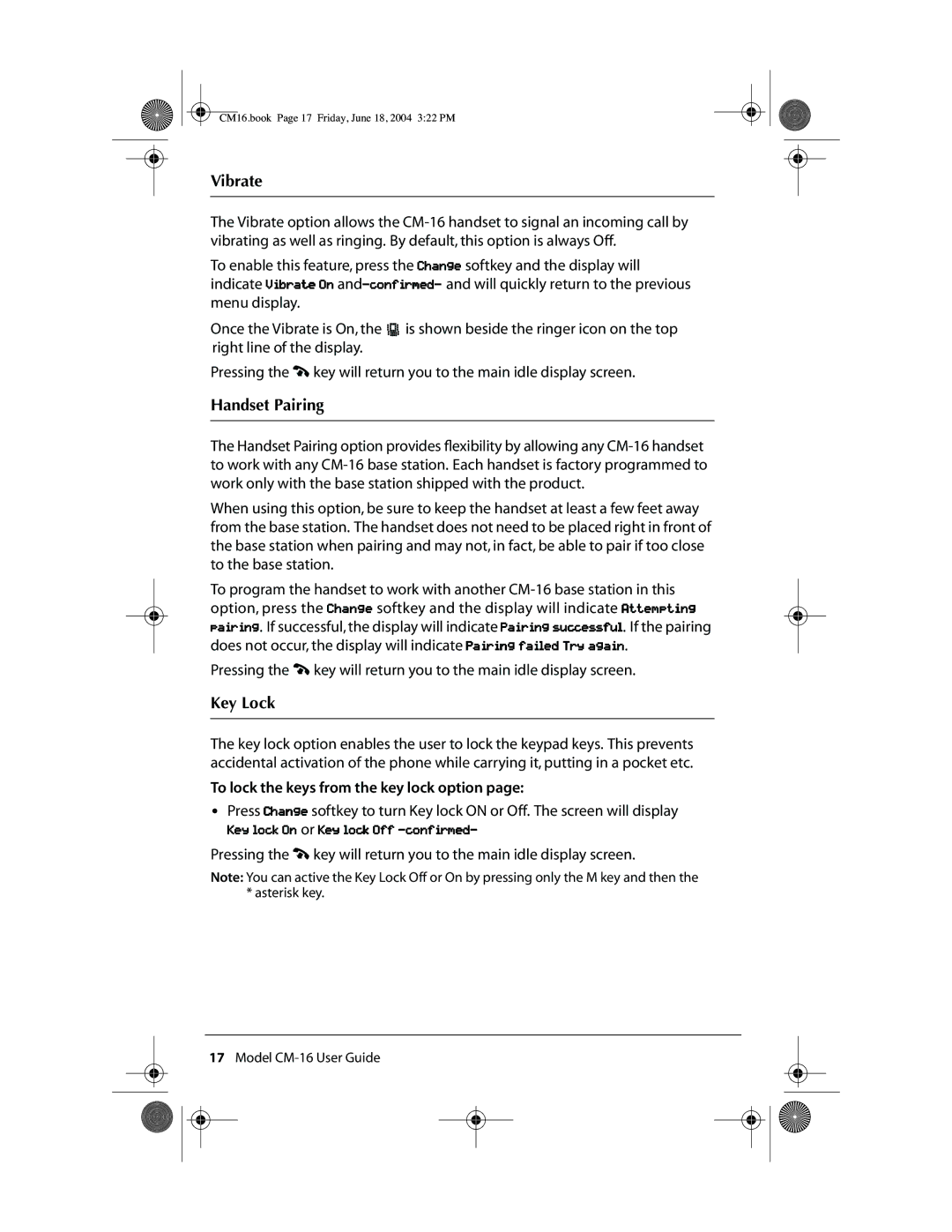 Aastra Telecom CM-16 manual Vibrate, Handset Pairing, Key Lock 