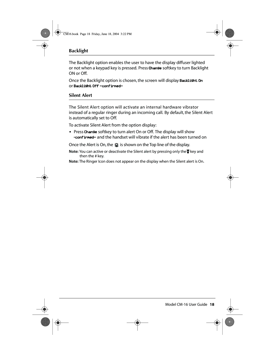 Aastra Telecom CM-16 manual Backlight, Silent Alert 