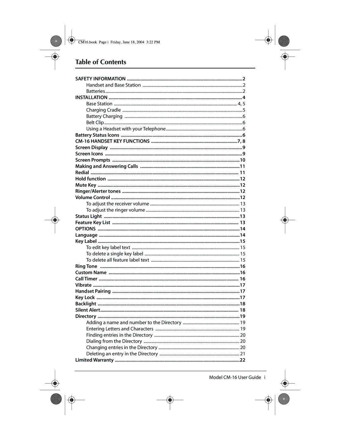 Aastra Telecom CM-16 manual Table of Contents 