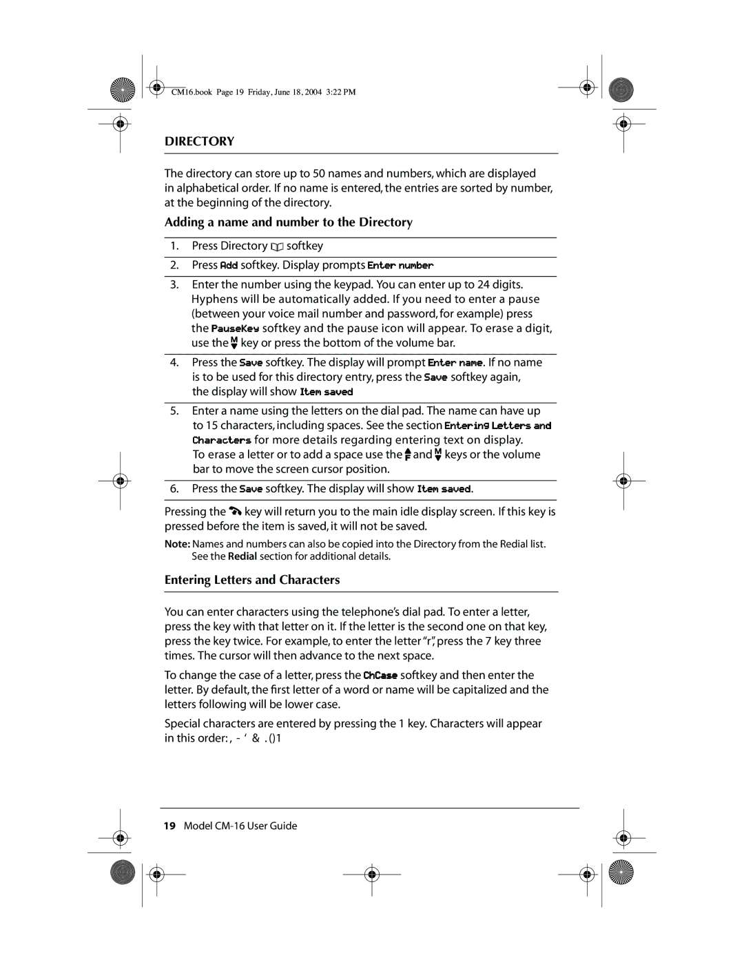 Aastra Telecom CM-16 manual Adding a name and number to the Directory, Entering Letters and Characters 