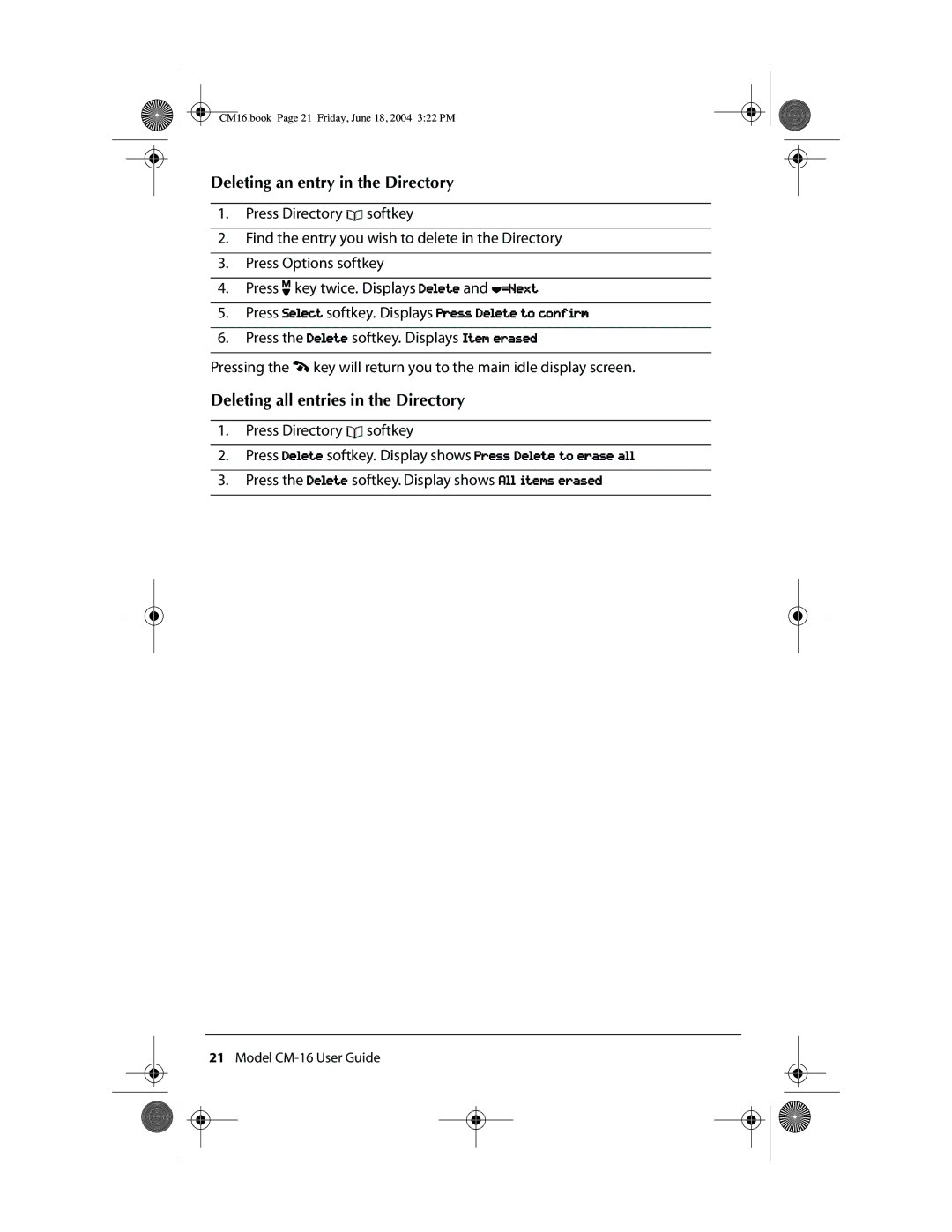 Aastra Telecom CM-16 manual Deleting an entry in the Directory, Deleting all entries in the Directory 