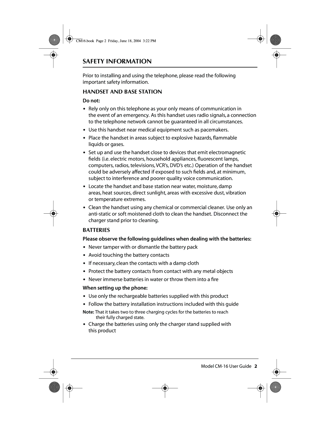 Aastra Telecom CM-16 manual Safety Information, Handset and Base Station, Batteries 