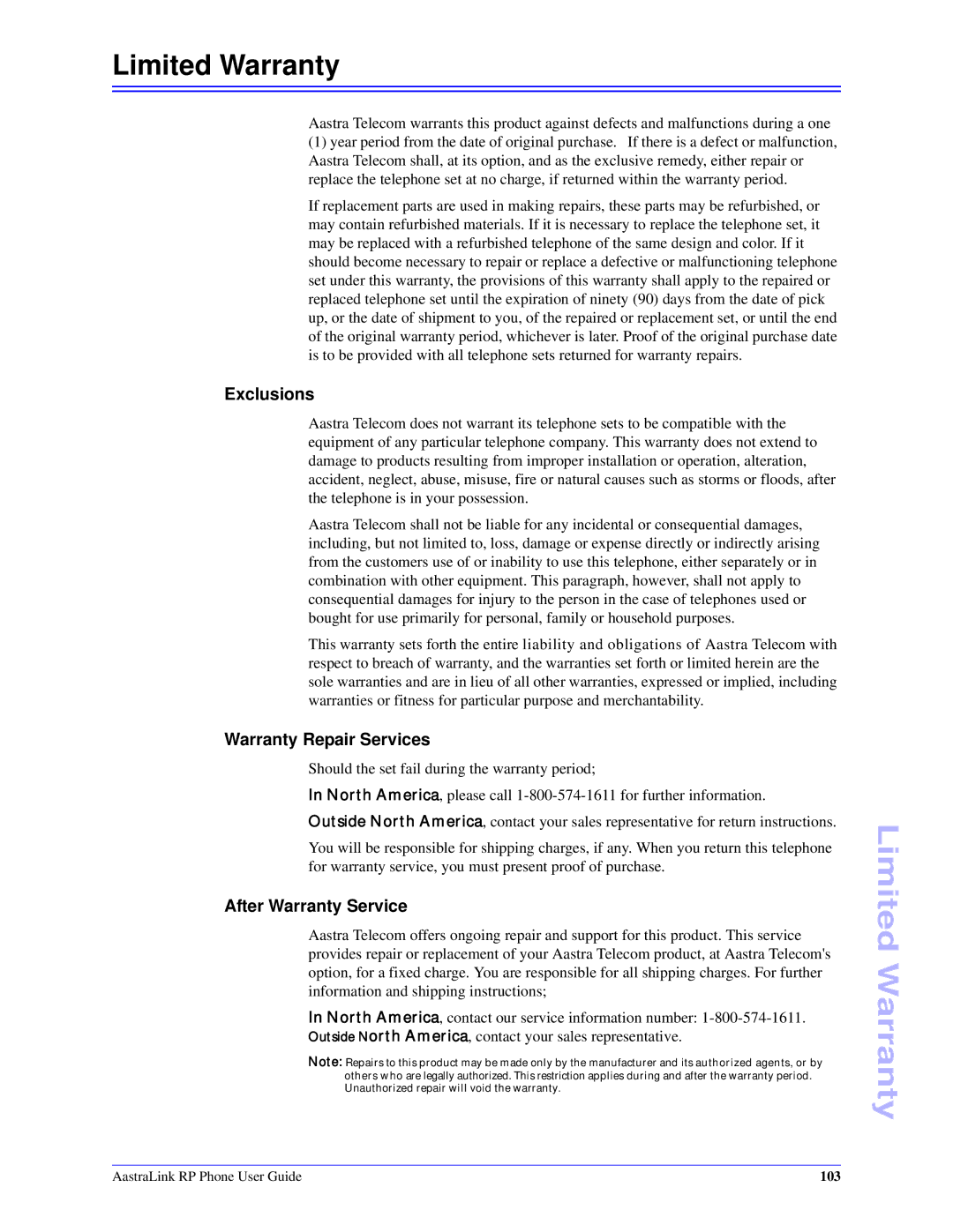 Aastra Telecom CT Cordless manual Limited Warranty, Exclusions, Warranty Repair Services, After Warranty Service 