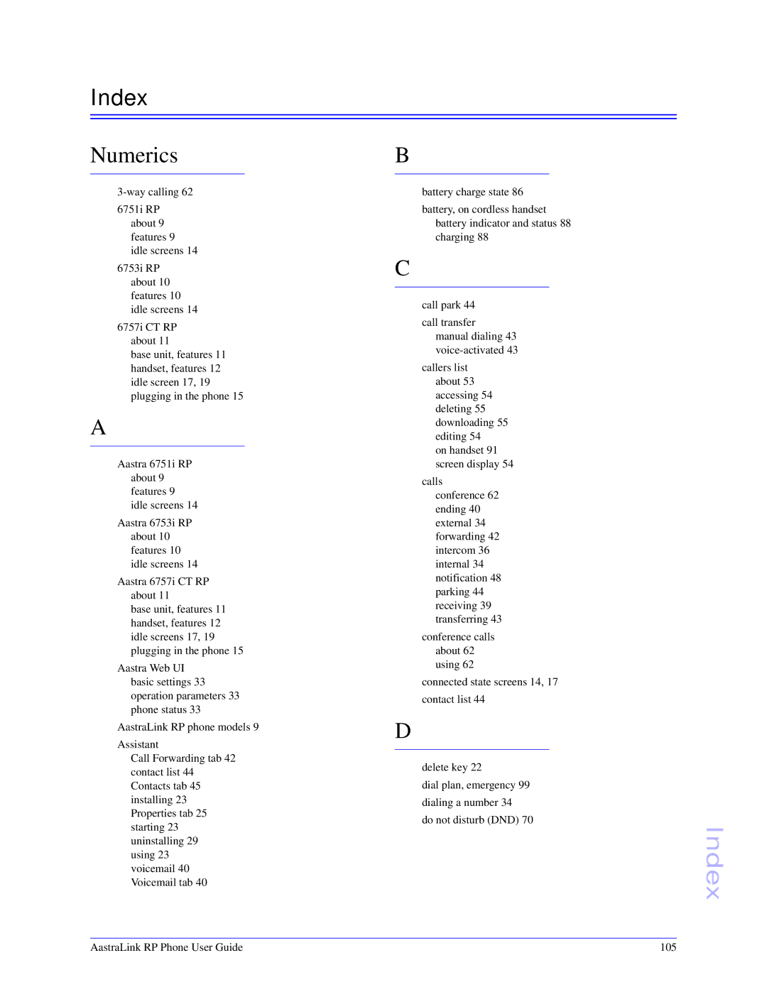 Aastra Telecom CT Cordless manual Index, Numerics 