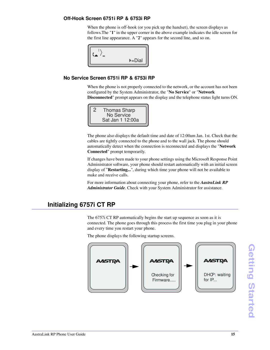 Aastra Telecom CT Cordless manual Initializing 6757i CT RP, Off-Hook Screen 6751i RP & 6753i RP 