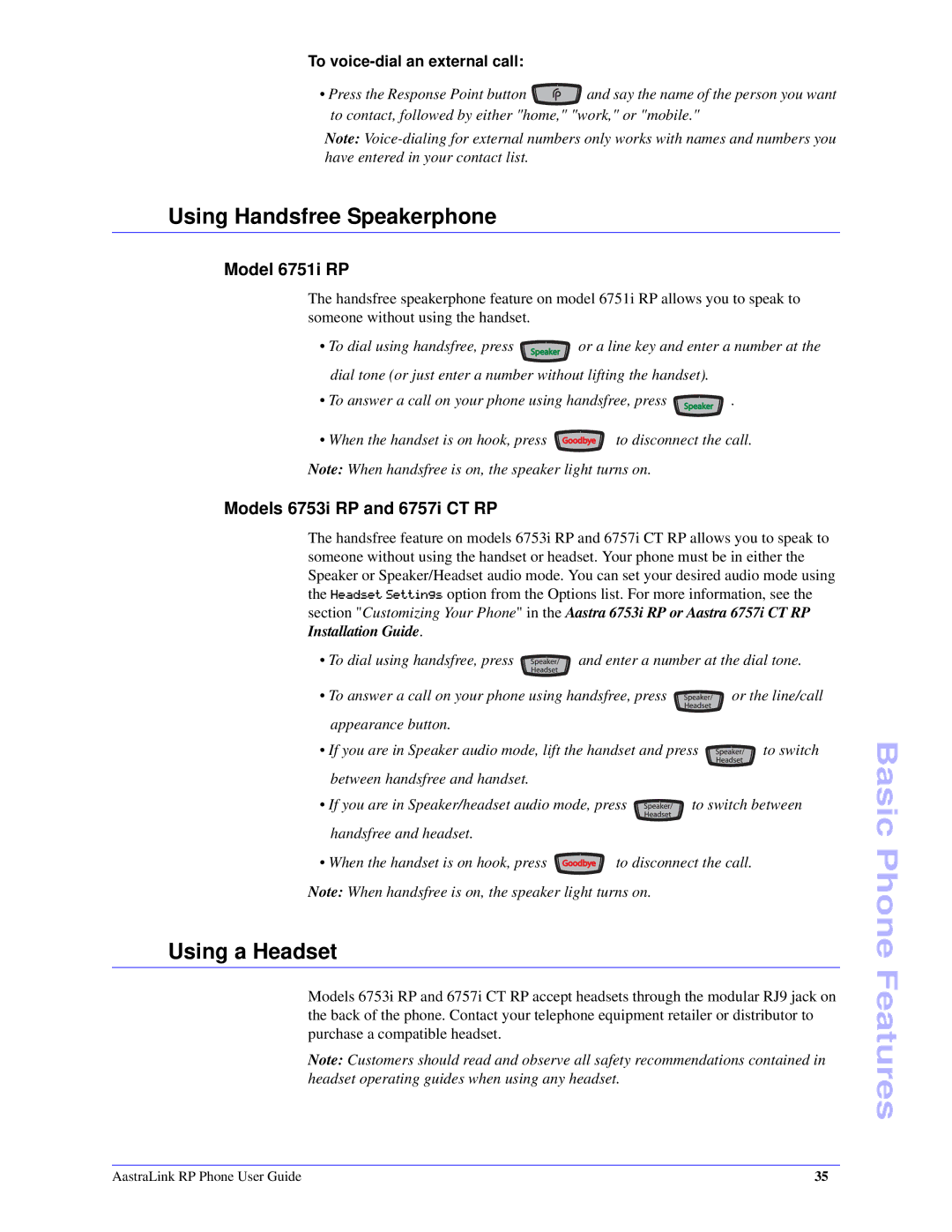 Aastra Telecom CT Cordless Using Handsfree Speakerphone, Using a Headset, Model 6751i RP, Models 6753i RP and 6757i CT RP 