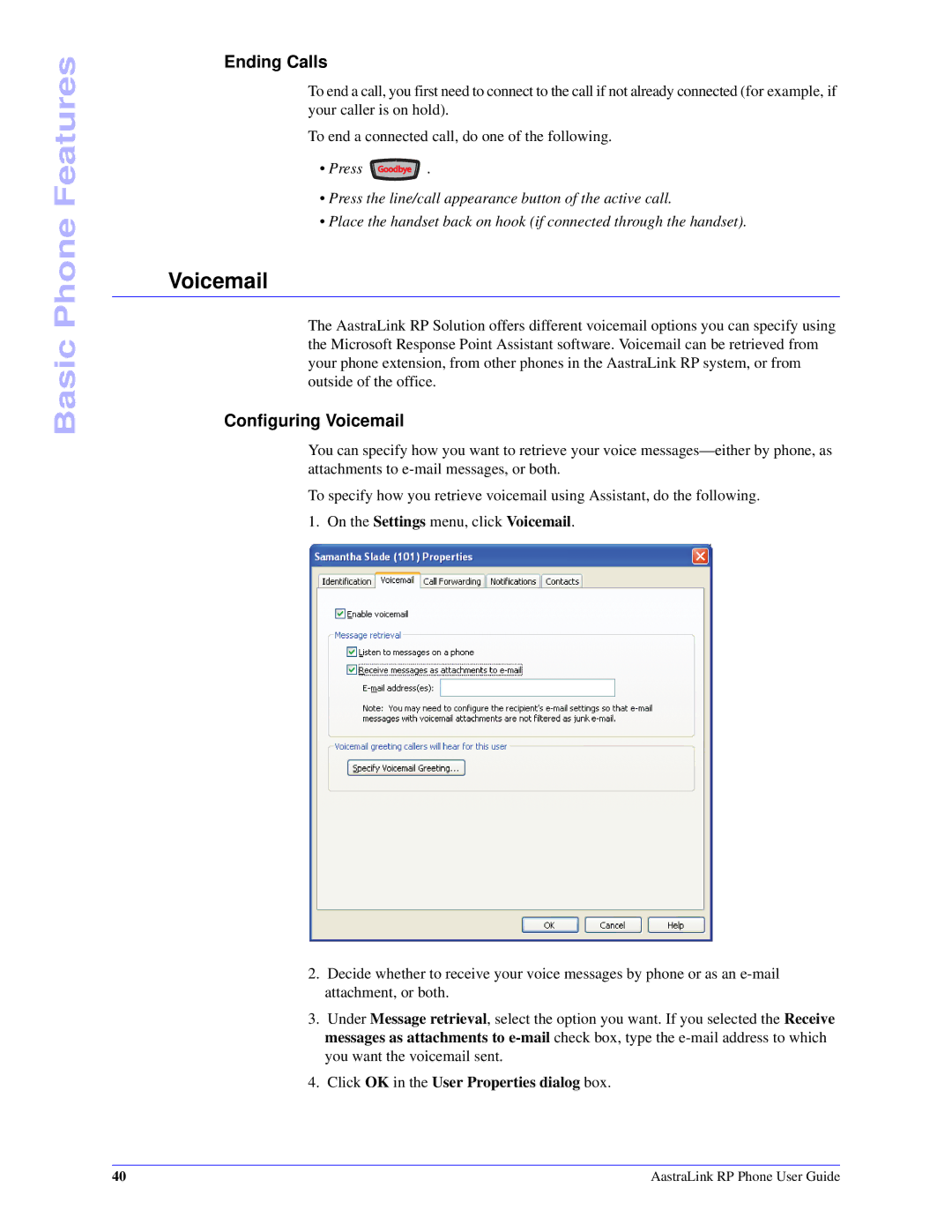 Aastra Telecom CT Cordless manual Ending Calls, Configuring Voicemail 