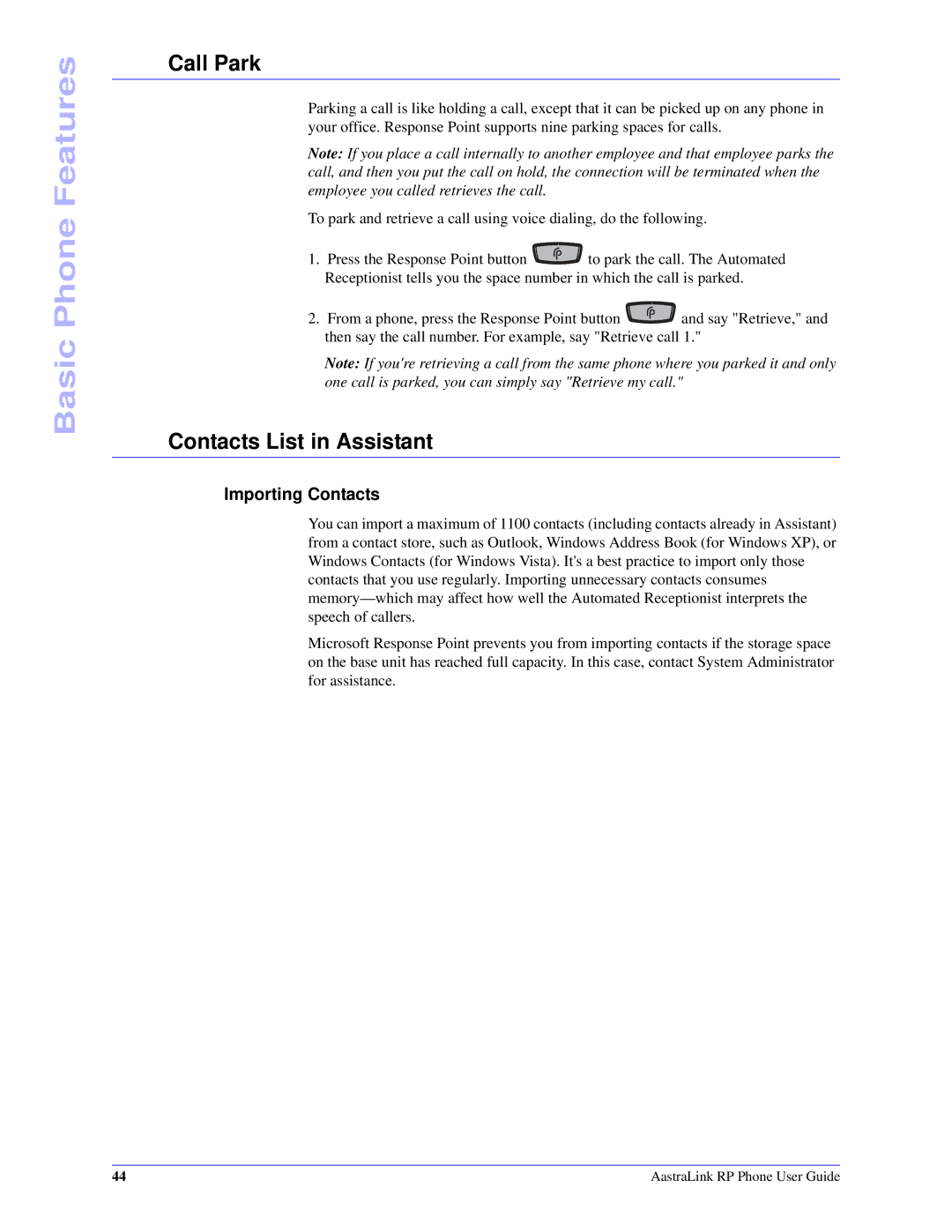 Aastra Telecom CT Cordless manual Call Park, Contacts List in Assistant, Importing Contacts 