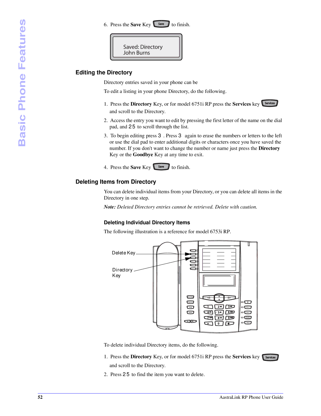 Aastra Telecom CT Cordless manual Editing the Directory, Deleting Items from Directory, Deleting Individual Directory Items 