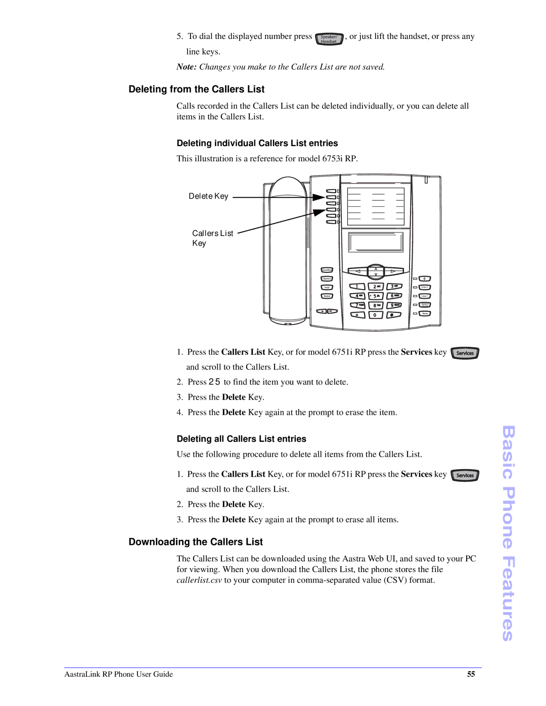 Aastra Telecom CT Cordless Deleting from the Callers List, Downloading the Callers List, Deleting all Callers List entries 