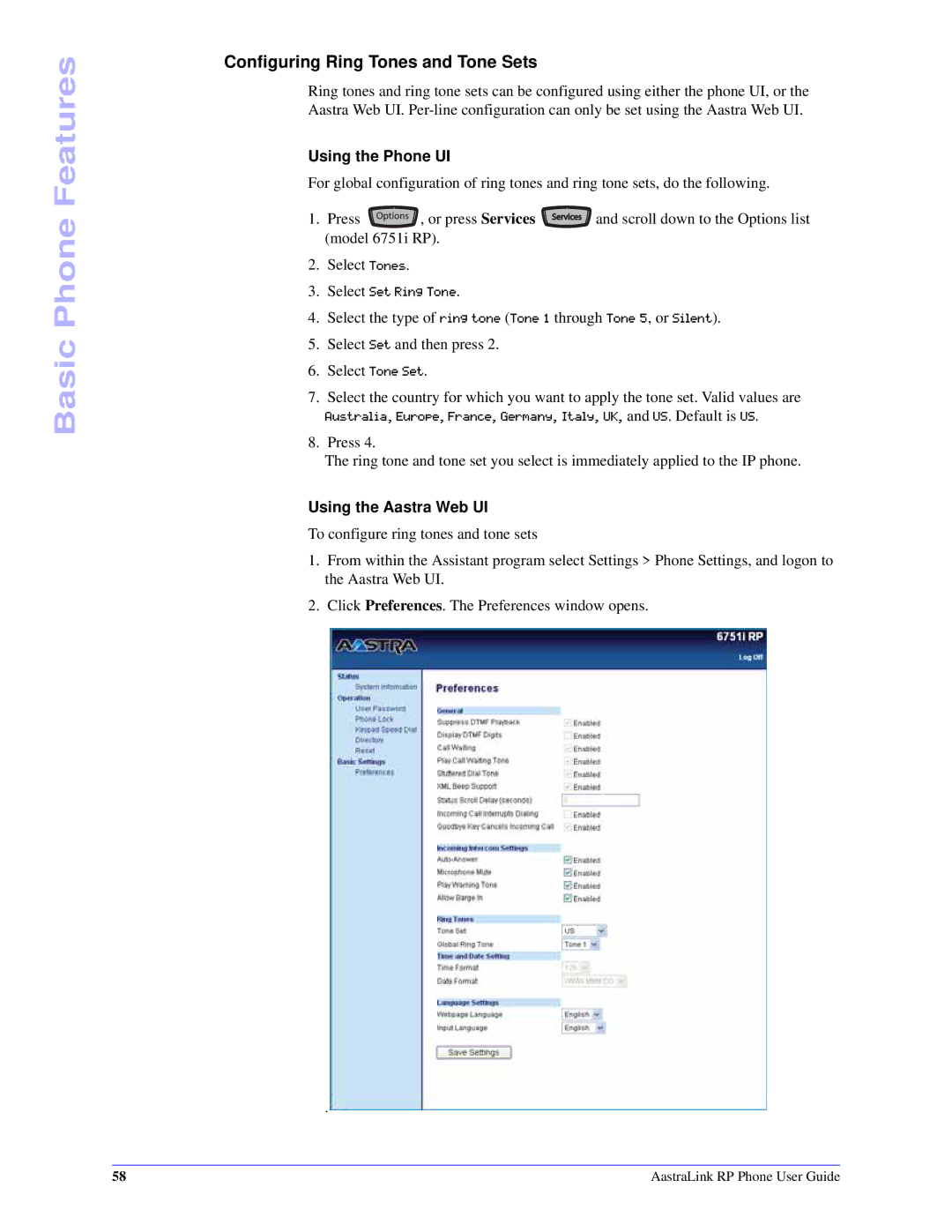 Aastra Telecom CT Cordless manual Configuring Ring Tones and Tone Sets, Using the Phone UI, Using the Aastra Web UI 