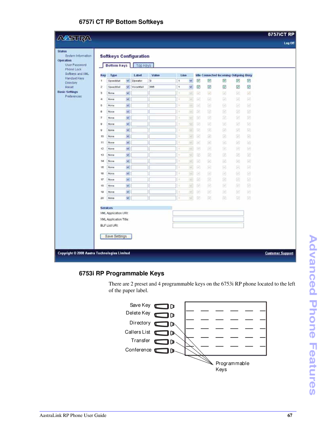 Aastra Telecom CT Cordless manual 6757i CT RP Bottom Softkeys 6753i RP Programmable Keys 