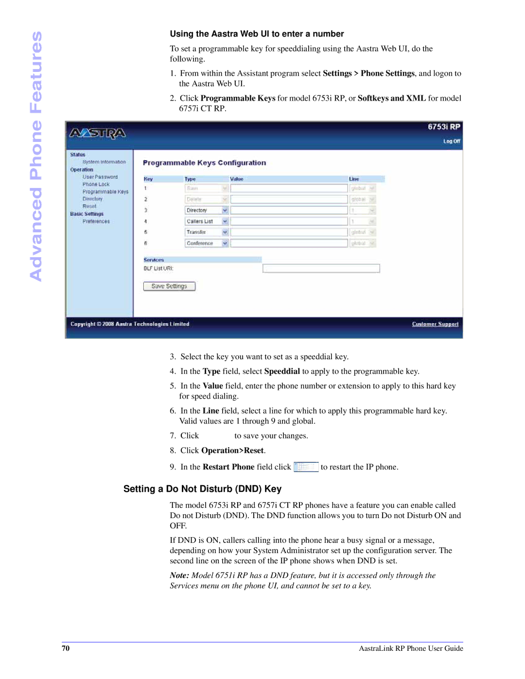 Aastra Telecom CT Cordless manual Setting a Do Not Disturb DND Key, Using the Aastra Web UI to enter a number 