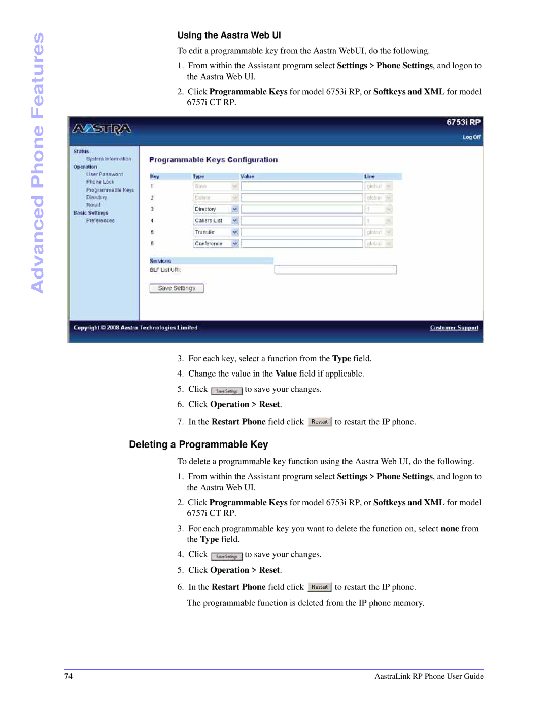 Aastra Telecom CT Cordless manual Deleting a Programmable Key, Using the Aastra Web UI 