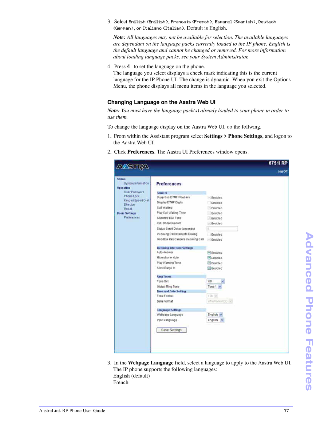 Aastra Telecom CT Cordless manual Changing Language on the Aastra Web UI 