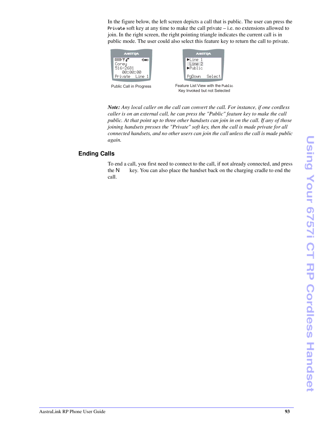 Aastra Telecom CT Cordless manual Corey Line 516-2681 Public 000000 Private Line PgDown Select 