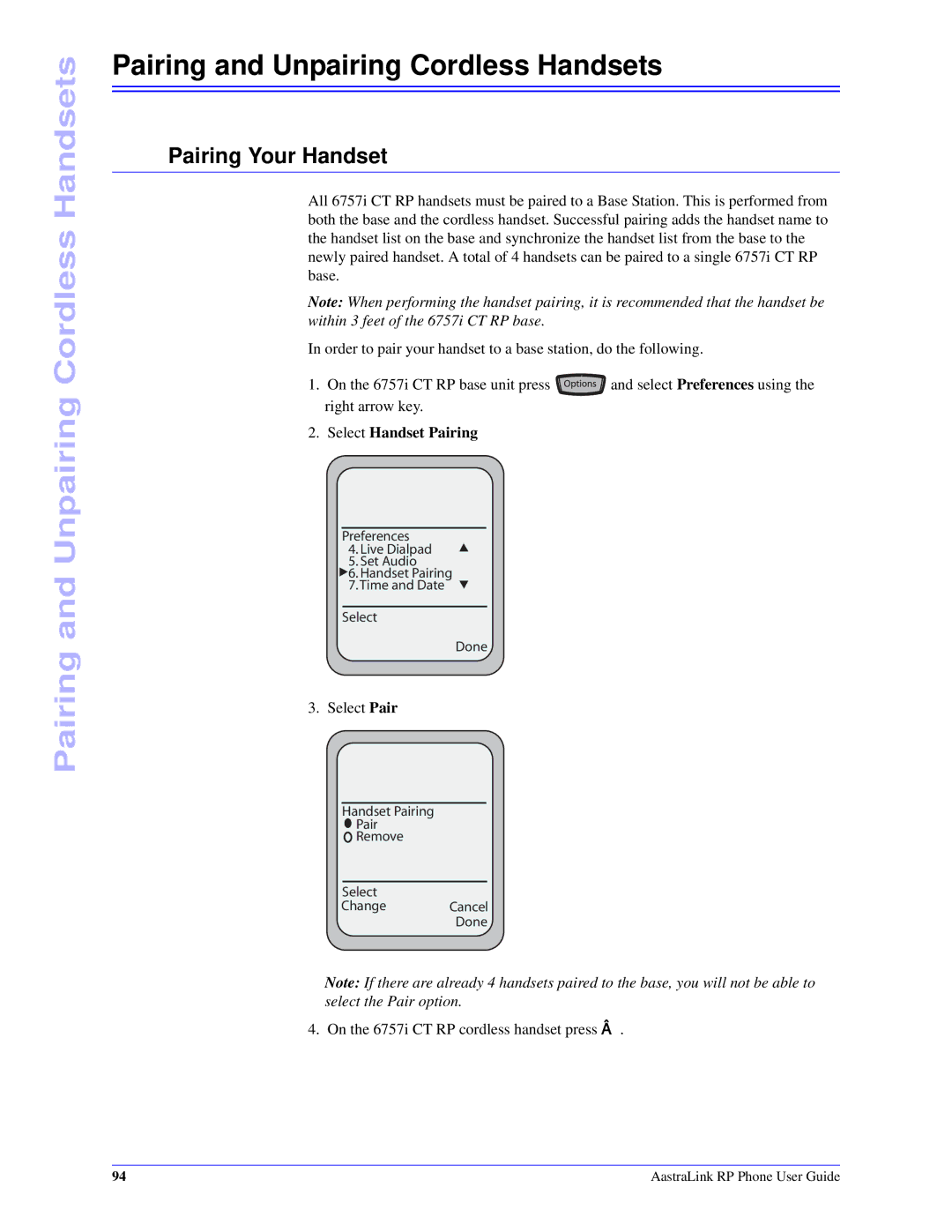 Aastra Telecom CT Cordless manual Pairing and Unpairing Cordless Handsets, Pairing Your Handset 