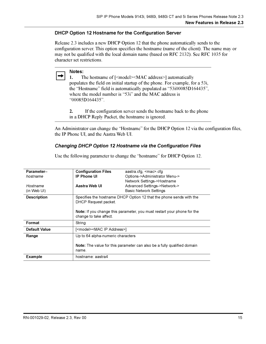 Aastra Telecom CT9143i manual Dhcp Option 12 Hostname for the Configuration Server 