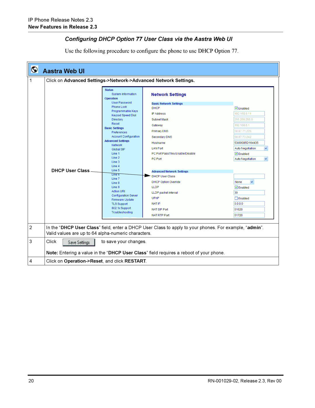 Aastra Telecom CT9143i manual Configuring Dhcp Option 77 User Class via the Aastra Web UI 