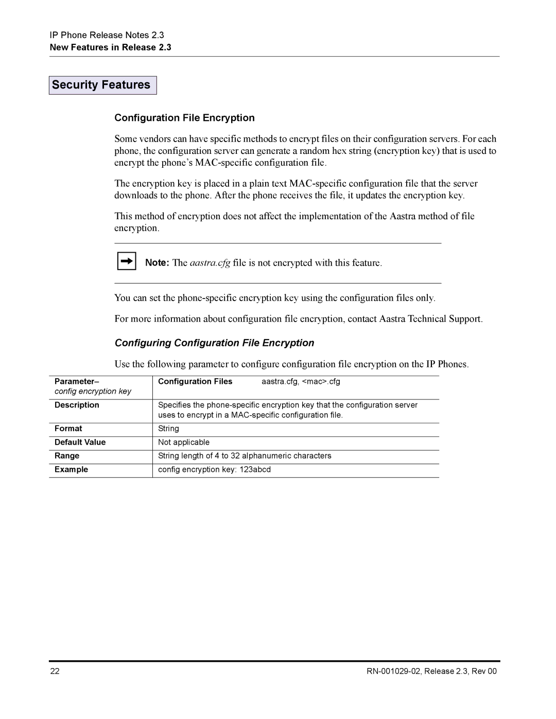 Aastra Telecom CT9143i manual Security Features, Configuring Configuration File Encryption 