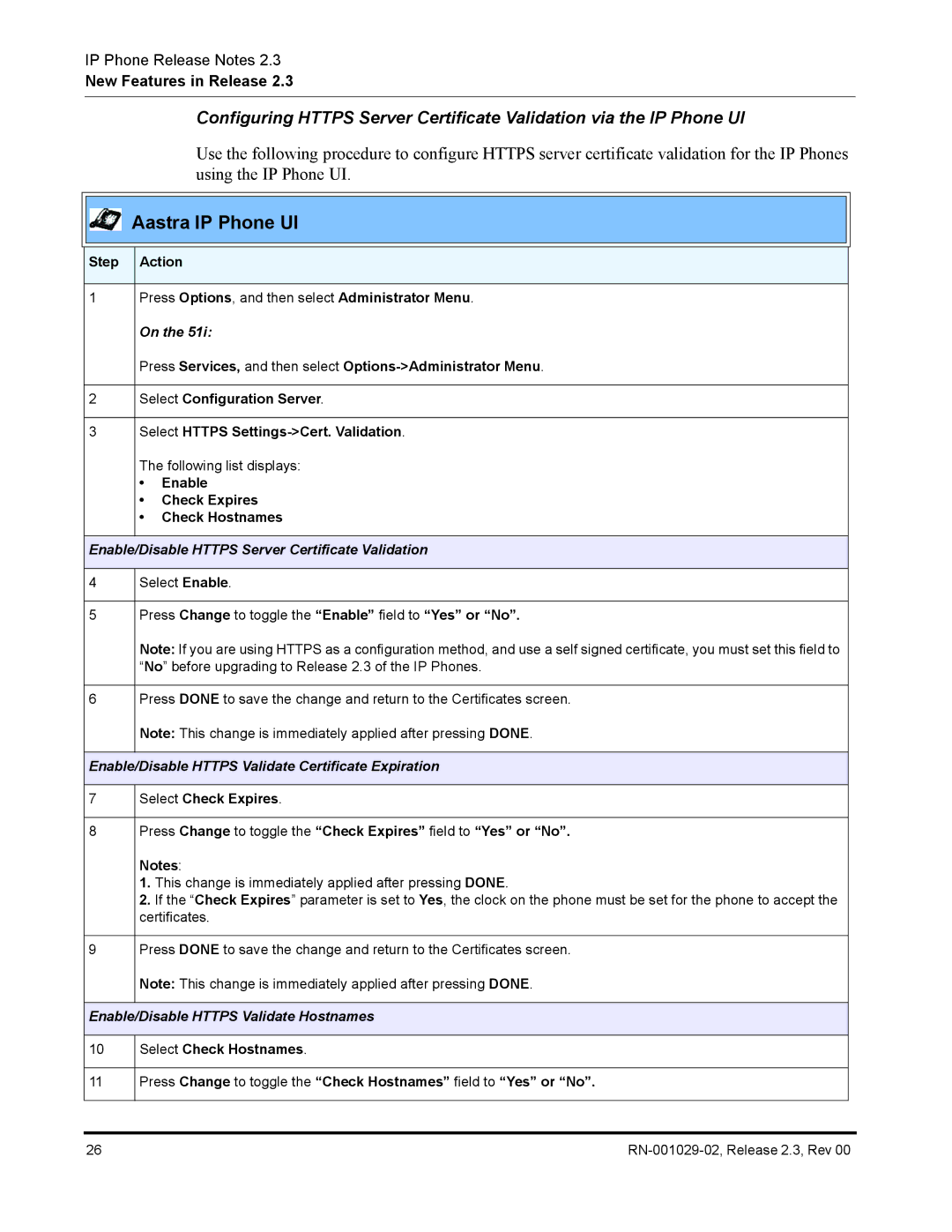 Aastra Telecom CT9143i manual Enable/Disable Https Server Certificate Validation 