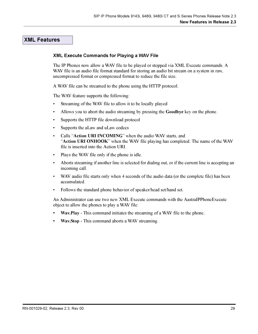 Aastra Telecom CT9143i manual XML Features, XML Execute Commands for Playing a WAV File 