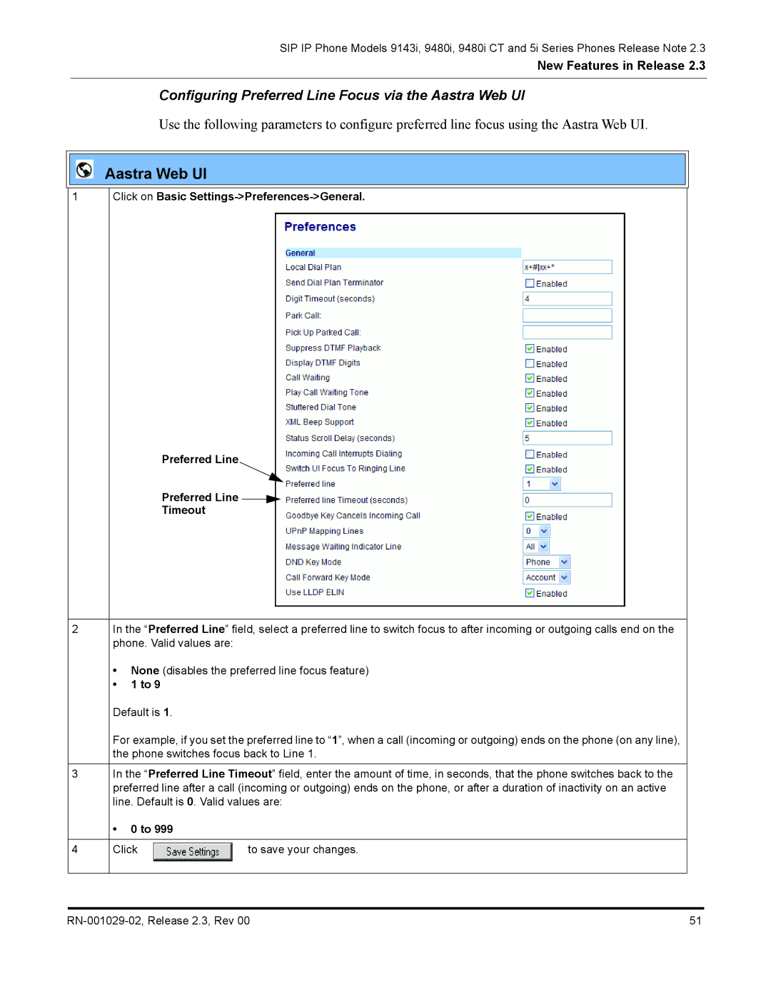 Aastra Telecom CT9143i manual Configuring Preferred Line Focus via the Aastra Web UI 