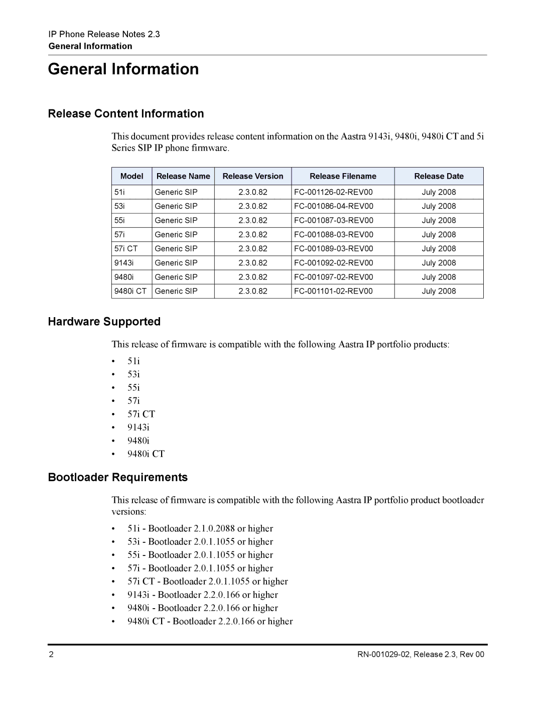 Aastra Telecom CT9143i manual Release Content Information, Hardware Supported, Bootloader Requirements 