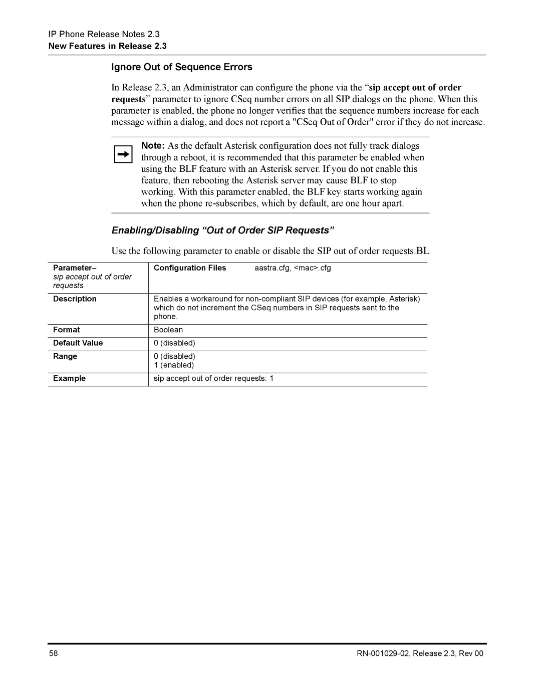 Aastra Telecom CT9143i manual Ignore Out of Sequence Errors, Enabling/Disabling Out of Order SIP Requests 