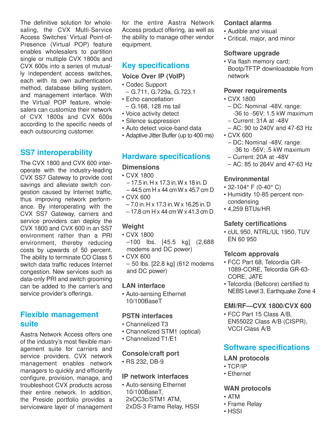 Aastra Telecom CVX 600 manual SS7 interoperability, Key specifications, Hardware specifications, Flexible management suite 