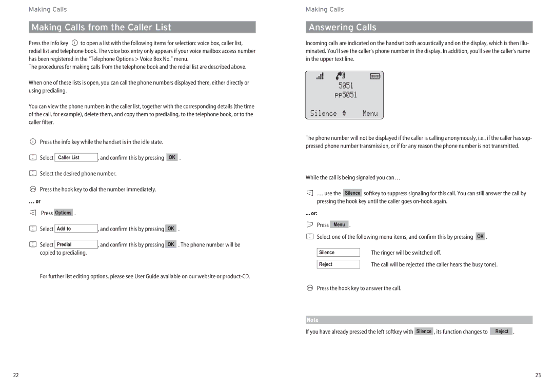 Aastra Telecom DECT 142 Making Calls from the Caller List, Answering Calls, While the call is being signaled you can… 