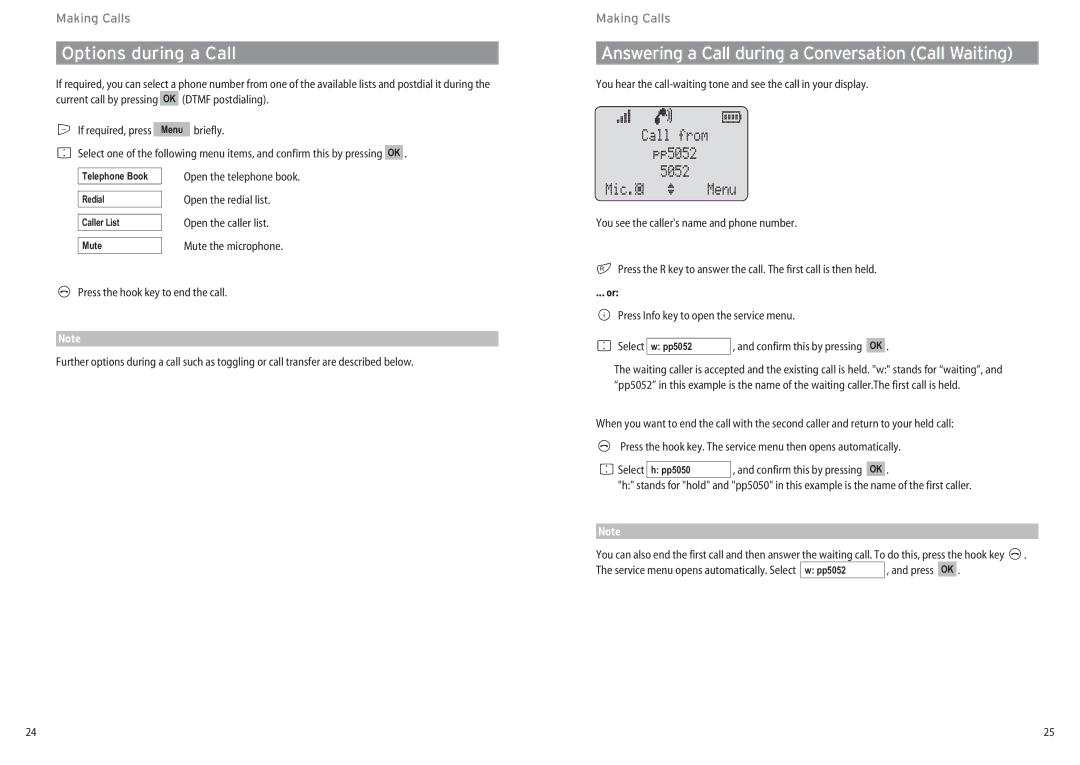 Aastra Telecom DECT 142 manual Options during a Call, Answering a Call during a Conversation Call Waiting, Press OK 