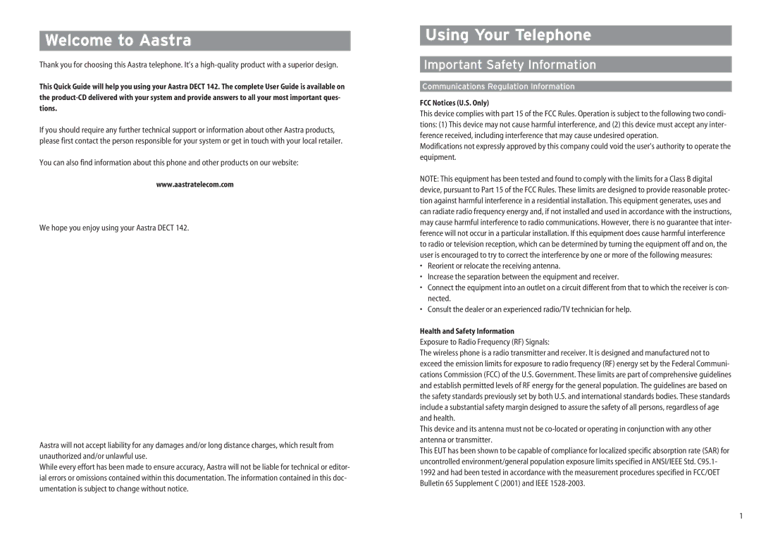 Aastra Telecom DECT 142 manual Welcome to Aastra, Using Your Telephone, Important Safety Information 