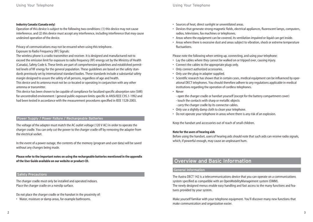 Aastra Telecom DECT 142 Overview and Basic Information, Sources of heat, direct sunlight or unventilated areas, Never 