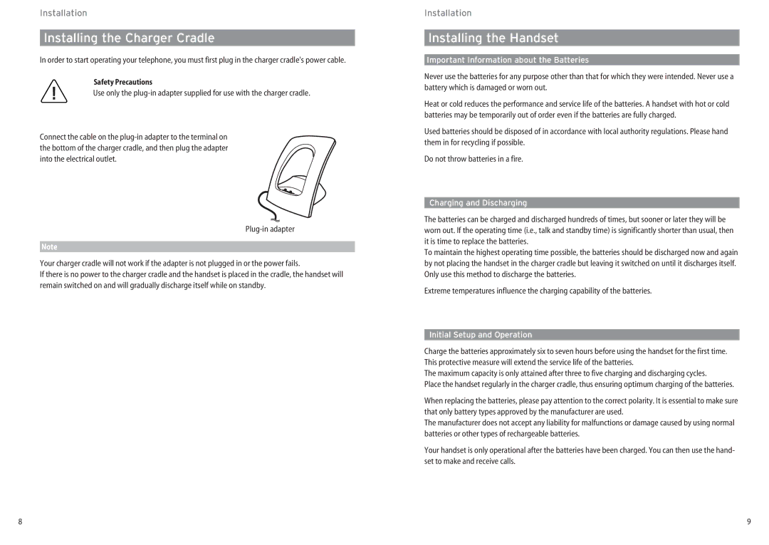 Aastra Telecom DECT 142 Installing the Charger Cradle, Installing the Handset, Important Information about the Batteries 