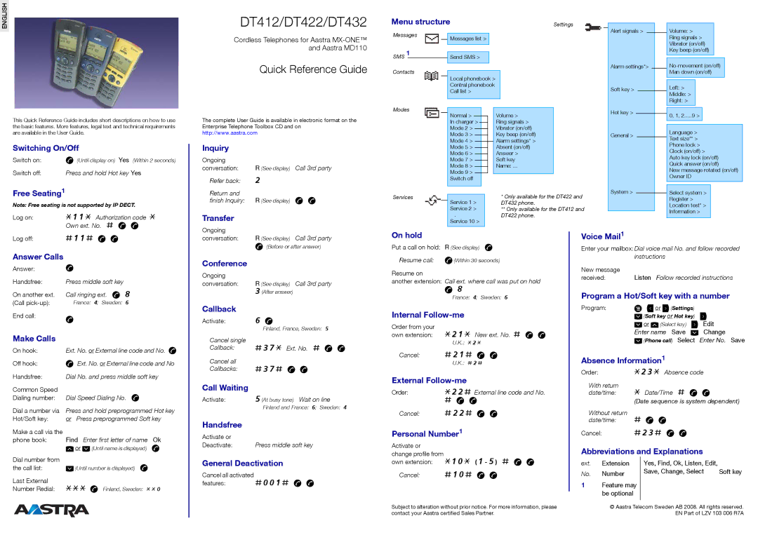 Aastra Telecom DT422, DT432, DT412 manual Quick Reference Guide, # 0 0 1 # æ æ, # 1 0 # 