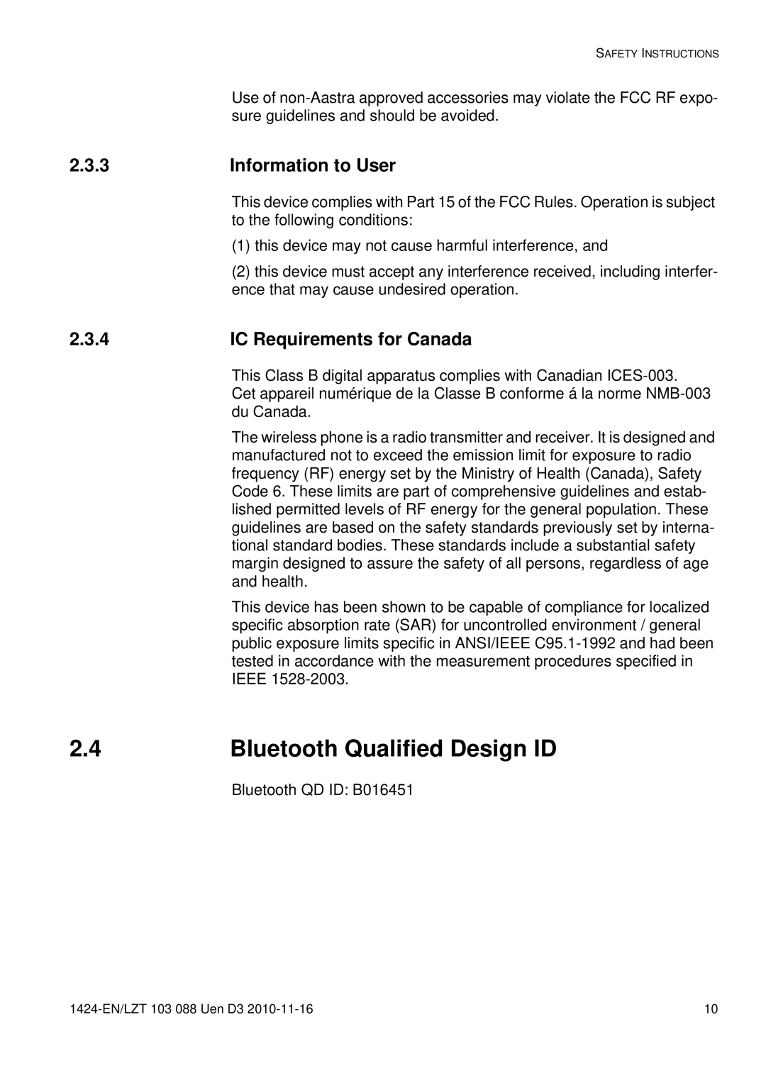 Aastra Telecom DT690 manual Bluetooth Qualified Design ID, Information to User, IC Requirements for Canada 