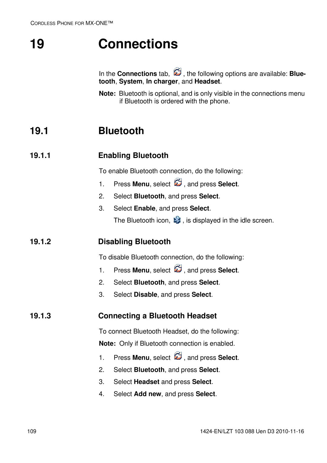 Aastra Telecom DT690 manual Connections, Enabling Bluetooth, Disabling Bluetooth, Connecting a Bluetooth Headset 