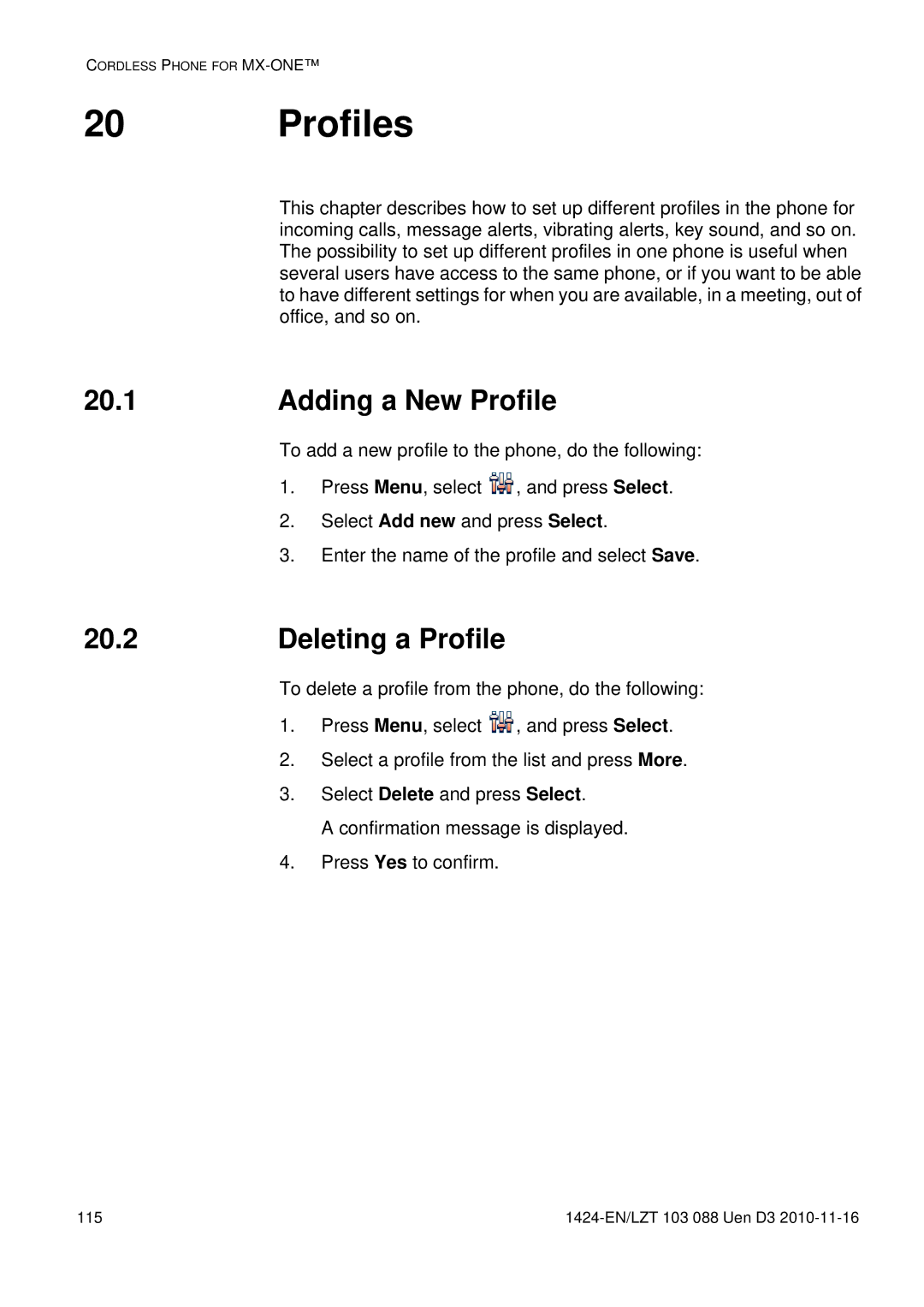 Aastra Telecom DT690 manual Profiles, 20.1, 20.2, Adding a New Profile, Deleting a Profile 