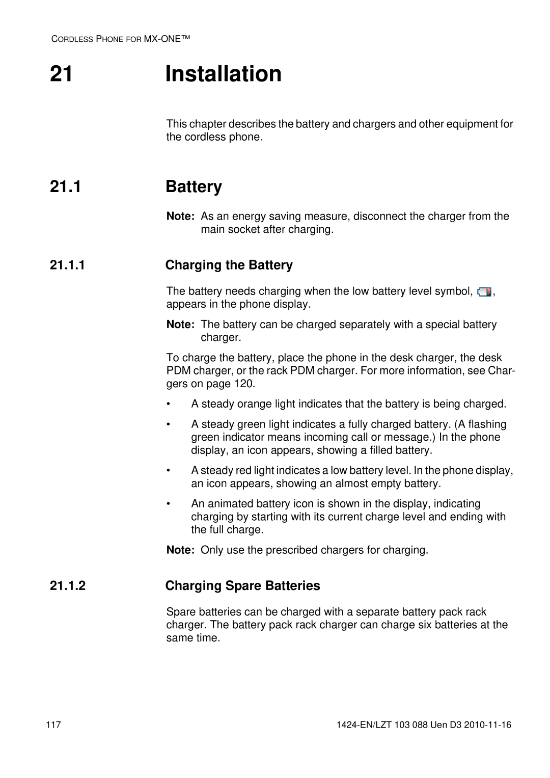 Aastra Telecom DT690 manual Installation, Charging the Battery, Charging Spare Batteries 